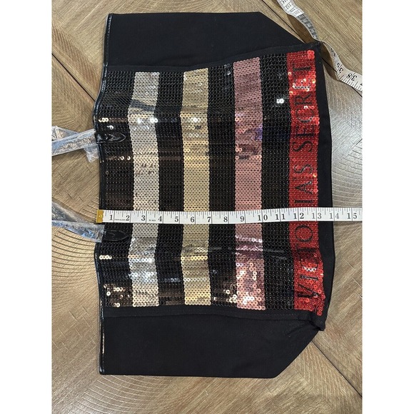 NEW Victorias Secret Large Sequin Tote Bag Black Colorful Stripe Bling Weekender - Picture 10 of 11